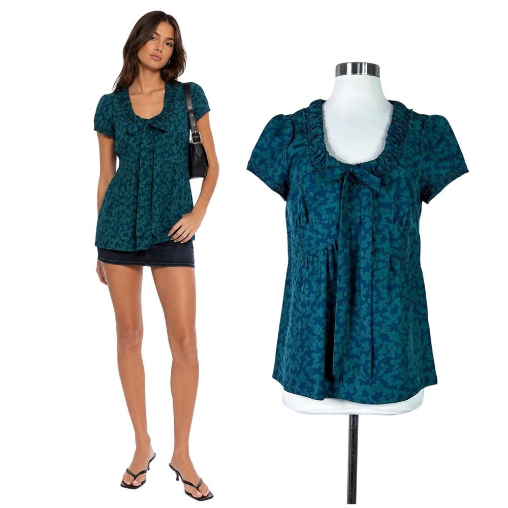 Marc Jacobs | Silk Teal Floral Ruffle Bow Tie Blouse Top Coquette Chic Size 8